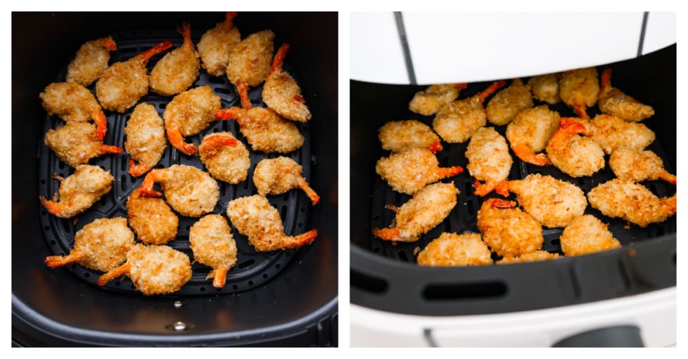 Seafood lovers! Here is the EASIEST way to make crispy, breaded shrimp in the air fryer! Making air fryer frozen shrimp takes less than 10 minutes and turns out perfectly every time. The hardest part is choosing what dipping sauce to serve it with! Frozen shrimp being added to the basket of an air fryer.