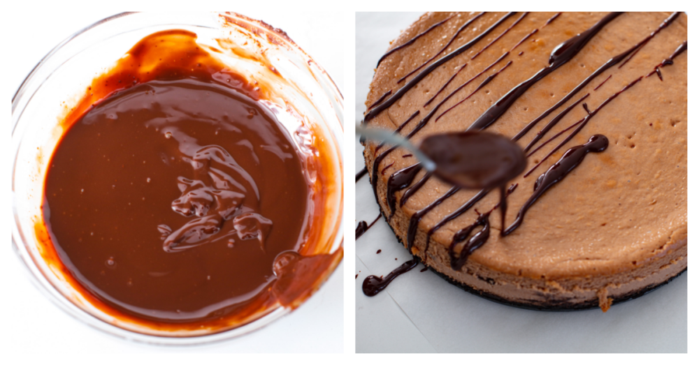 Indulge in creamy bliss with every bite of this Baileys Cheesecake - a rich and decadent dessert that's perfect for satisfying your sweet cravings! It has a smooth, chocolatey filling flavored with Bailey’s Irish Cream liqueur on top of a rich Oreo crust. Chocolate ganache being added on top of the cheesecake.