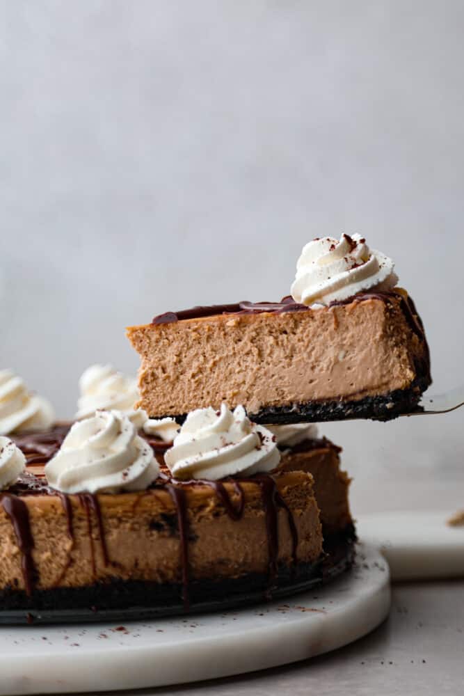 Indulge in creamy bliss with every bite of this Baileys Cheesecake - a rich and decadent dessert that's perfect for satisfying your sweet cravings! It has a smooth, chocolatey filling flavored with Bailey’s Irish Cream liqueur on top of a rich Oreo crust. A slice of Baileys cheesecake being served with a cake spatula.