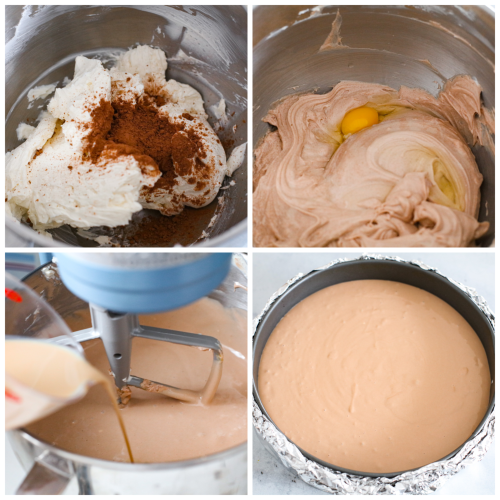 Indulge in creamy bliss with every bite of this Baileys Cheesecake - a rich and decadent dessert that's perfect for satisfying your sweet cravings! It has a smooth, chocolatey filling flavored with Bailey’s Irish Cream liqueur on top of a rich Oreo crust. 4-photo collage of batter being prepared.