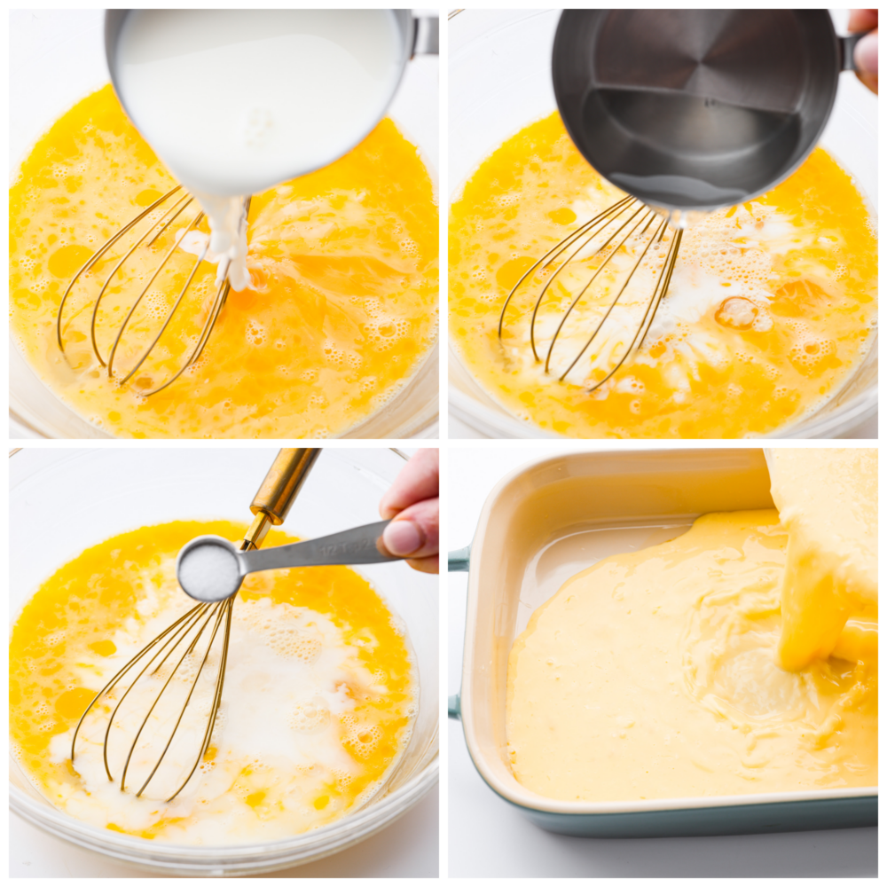 Get ready for the best scrambled eggs you've ever had (that also happen to be the easiest to make)! These Baked Scrambled eggs are light, fluffy, and full of flavor, and perfect for food prepping, holiday breakfasts, or just having enough food on the table to keep everyone full until lunch. Process photos showing how to add the ingredients, mix them together, and add them to the pan.