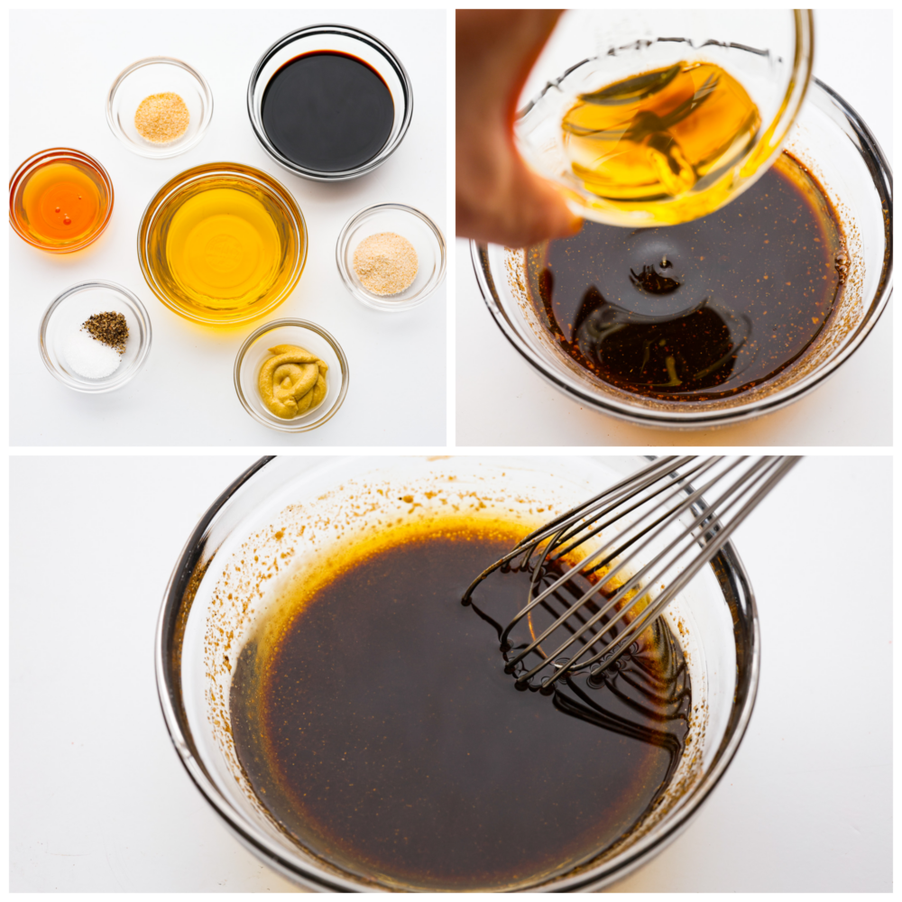 Balsamic Vinaigrette is a staple in the kitchen that every cook should have the perfect recipe for. THIS is that perfect recipe! It's tangy and refreshing, and will spruce up your salads and better than every other recipe I've ever tried. Process photos showing all of the ingredients laid out and then mixed together in a bowl.