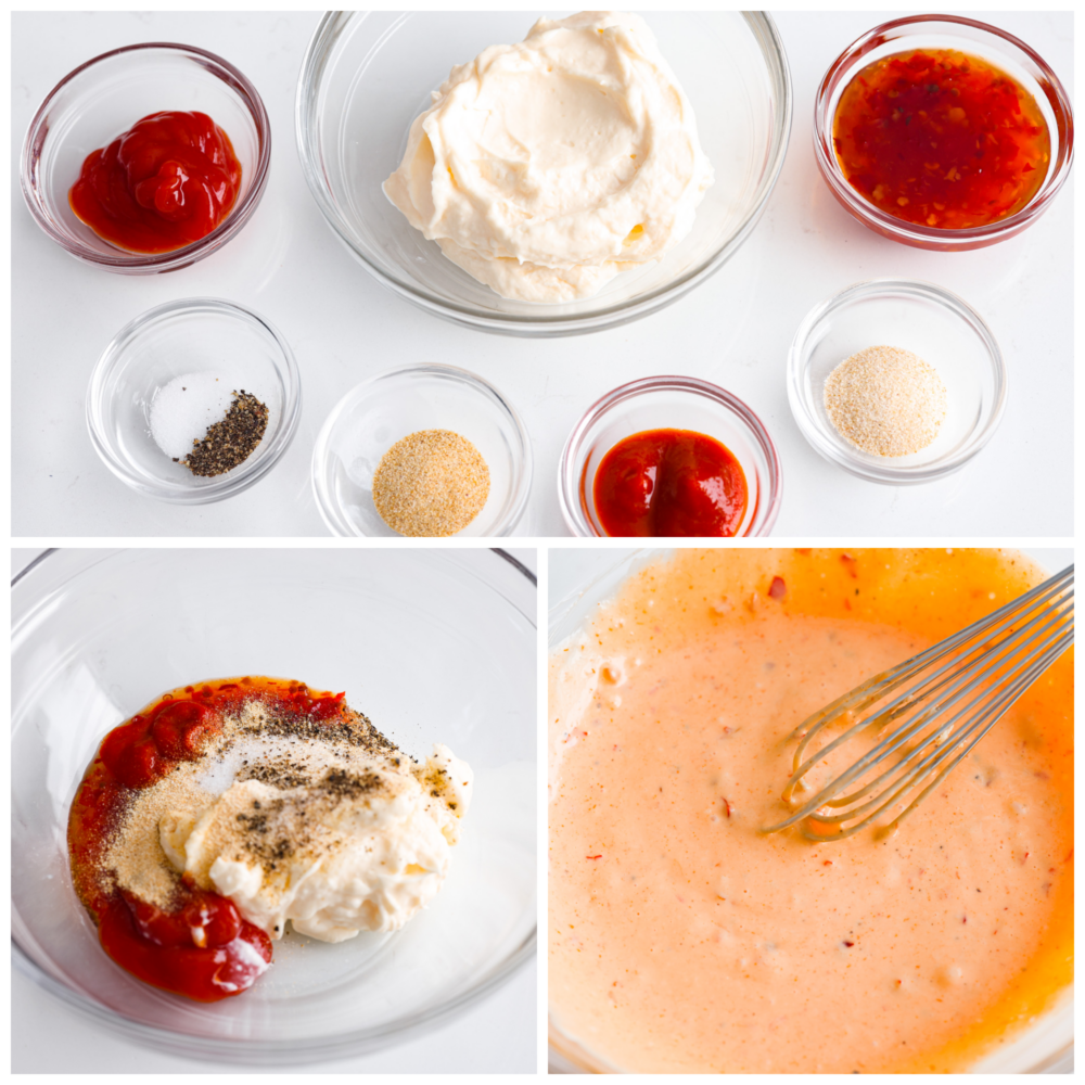 Boom Boom Sauce is a sweet and spicy mayonnaise-based sauce that is perfect for dipping! It takes 5 minutes to whip up and is so full of flavor, making it perfect for fries, onion rings, and so much more. Process photos showing all of the ingredients, and then them mixed together with a whisk.