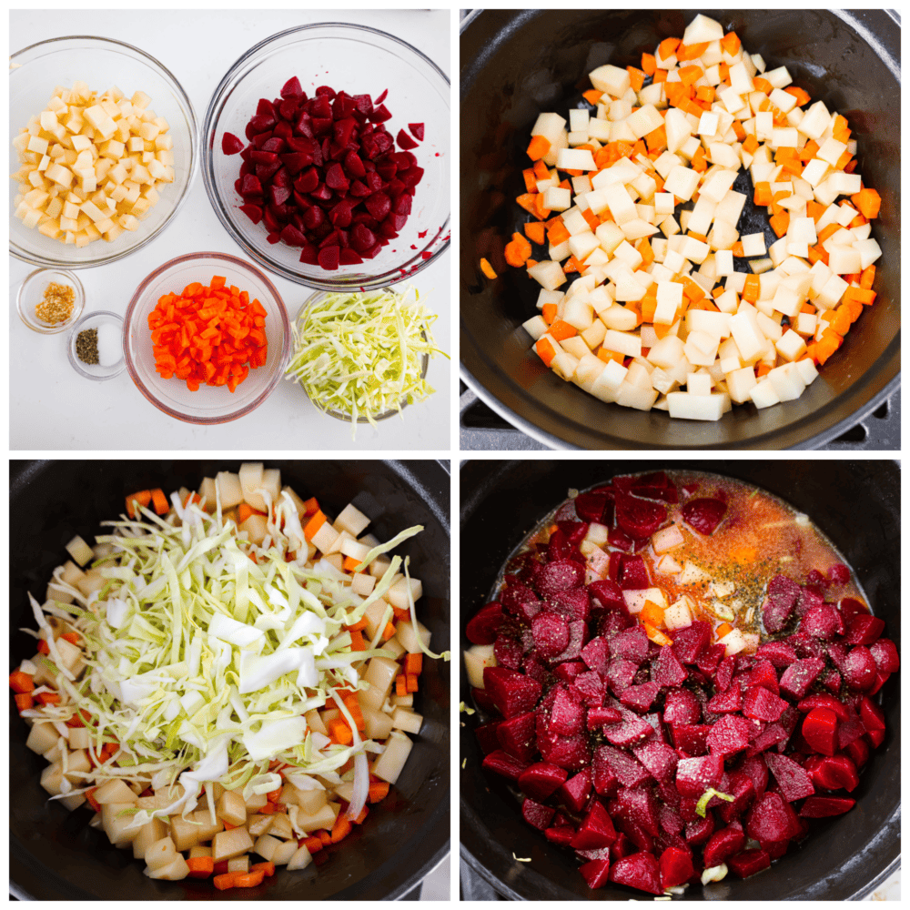 Borscht: the perfect soup for when you want to feel healthy but need something packed with flavor. It's like a hug in a bowl, if that hug was made of beets and potatoes. This tasty Ukrainian soup will become a new family favorite! 4-photo collage of vegetables being sauteed and added to a soup pot.