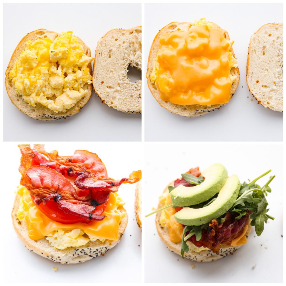 Start your morning off right with this hearty and filling Bagel Breakfast Sandwich. It has everything you need to fuel your body and to keep you full until lunch. These are also perfect for breakfast on the go and always hit the spot! Process photos showing how to add the egg, cheese, bacon, and fresh ingredients.