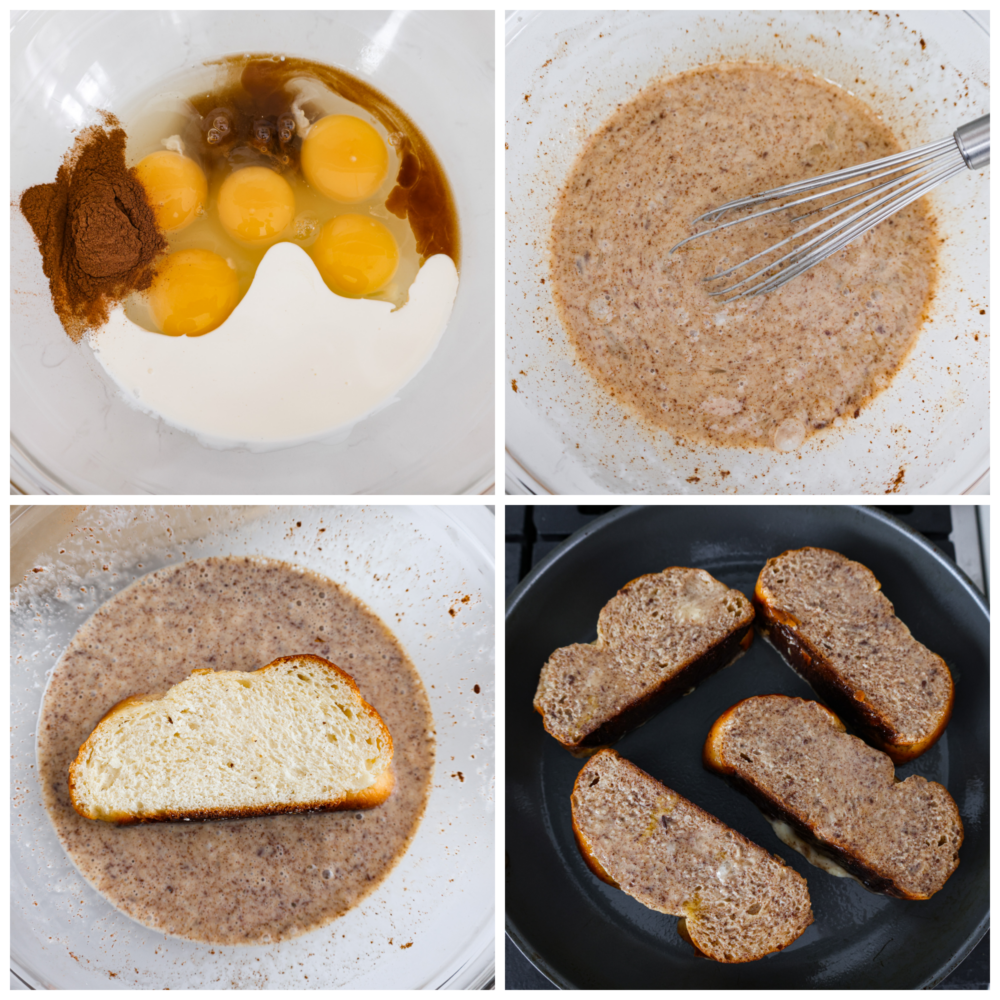 Move over regular French toast, there's a new brunch boss in town and it's made with brioche bread! With its buttery richness and pillowy texture, it's like biting into a cloud of happiness. Trust me, once you've had brioche French toast, there's no going back to the basic stuff. Itโs breakfast, elevated! Collage of egg mixture being prepared and bread being dipped in it.