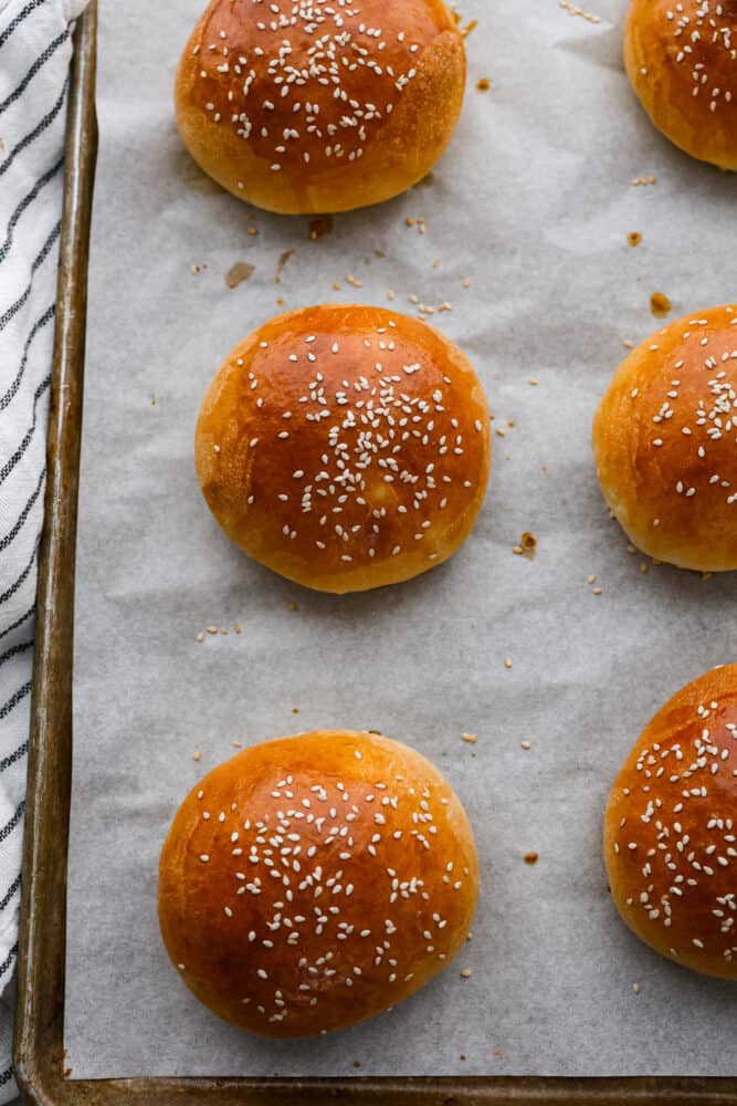 A good hamburger bun can make all the difference! This Brioche Bun is hands down the BEST bun for hamburgers, sloppy joes, and so much more. It's fluffy, soft, and oh so good. Brioche buns on a baking sheet.