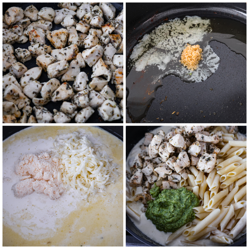 Chicken Pesto Pasta is made creamy with Parmesan, mozzarella, and heavy cream. Fresh basil pesto coats this pasta and chicken for the perfect pop of flavor in every bite. This is a quick and easy recipe that everyone will love! Process photos showing how to cook the chicken, make the sauce, and add it all together.