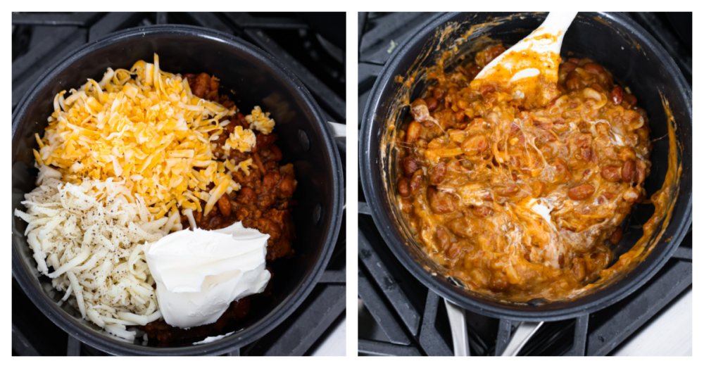 Time to break out the chips, because this homemade chili cheese dip is one appetizer you don’t want to miss! Hot, gooey, and oh-so-satisfying, this cheesy dip is guaranteed to make any gathering a hit. 2-photo collage of dip ingredients being mixed together over the stove.