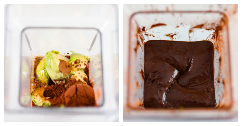 Avocado chocolate pudding is a creamy and dark dairy free chocolate pudding with fresh and good-for-you ingredients! Not only does it taste better than regular pudding, but it's as easy as putting all of the ingredients in the blender to curb your sweet tooth without all the guilt. Process photos showing all of the ingredients in a blender and then it all blended together.