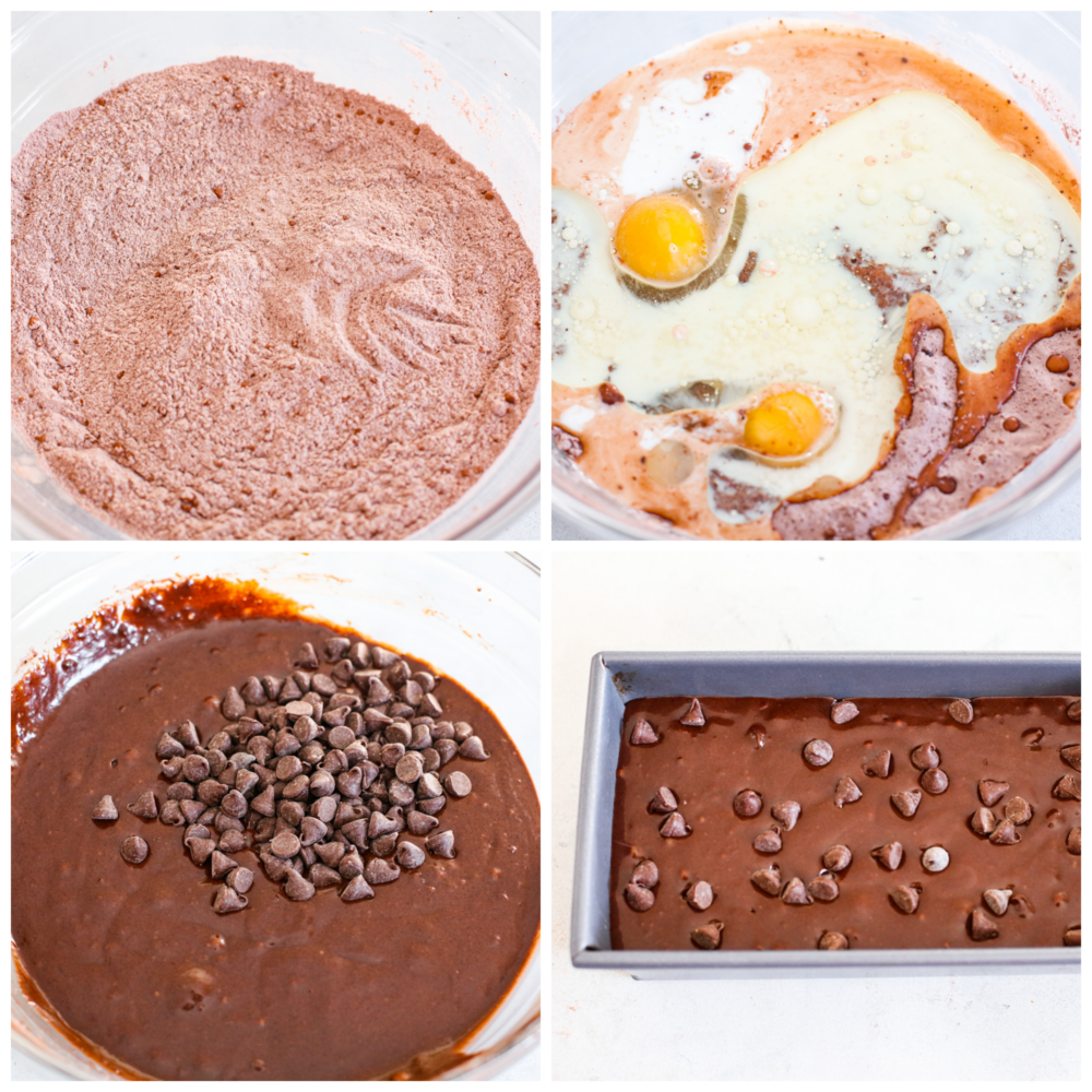 This bread is every chocolate loverโs dream! Moist and soft with deep chocolatey flavor, you wonโt be able to stop at one slice! 4-photo collage of batter being prepared.