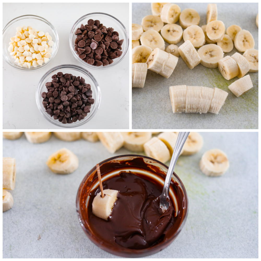 Prepare your tastebuds for these luscious chocolate covered bananas! With just a few simple ingredients, you'll be whipping up a creamy, chocolatey treat that's sure to bring a smile to your face. 3-photo collage of chocolate being melted and bananas cut into slices.