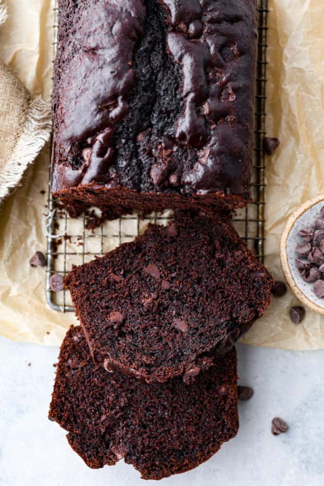 This bread is every chocolate loverโs dream! Moist and soft with deep chocolatey flavor, you wonโt be able to stop at one slice! Top-down view of chocolate sweet bread.