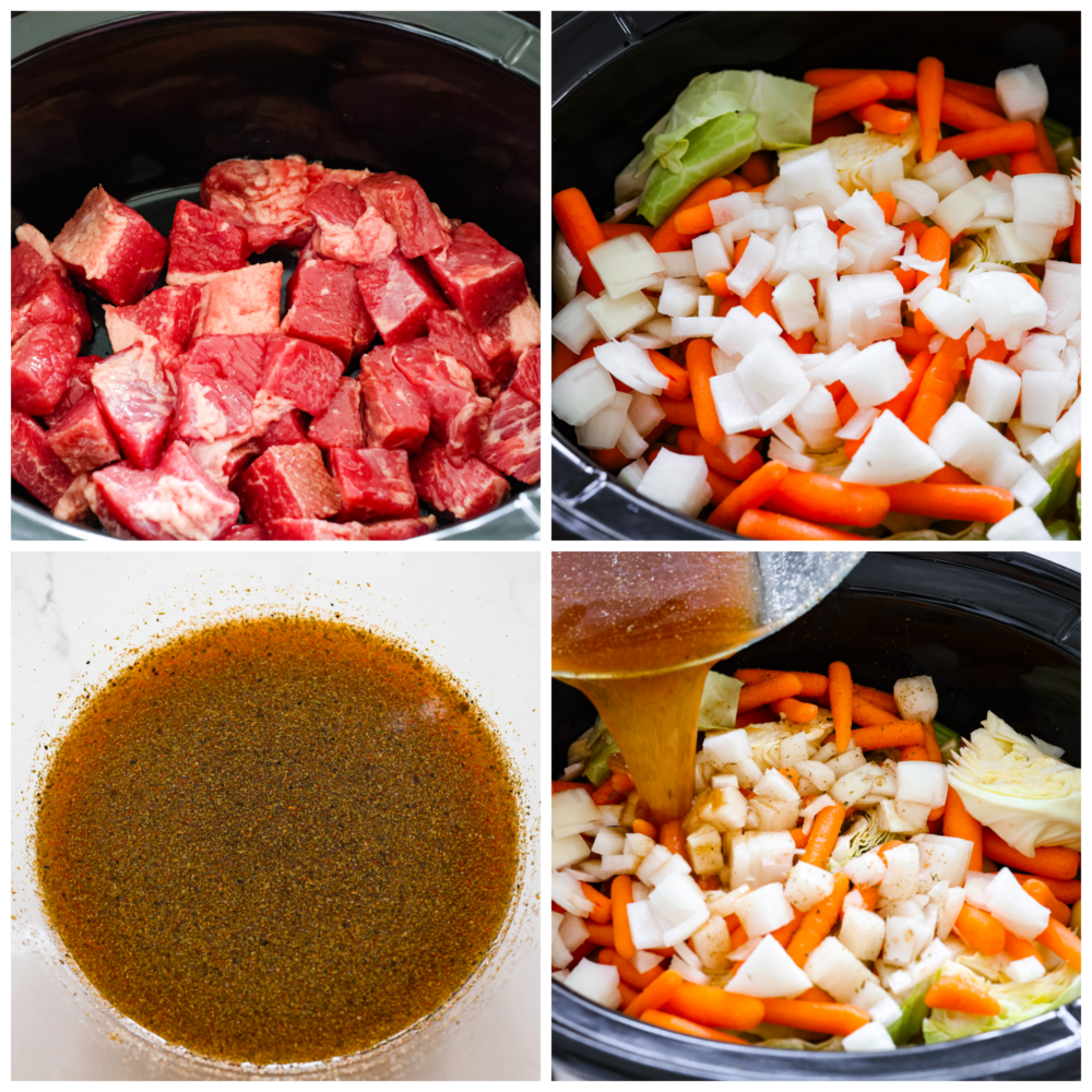 Corned Beef and Cabbage slow cook all day with hearty vegetables making one delicious stew! This is a classic recipe with nostalgic flavors, and it's so easy to whip up. Process photos showing how to prepare the meat, veggies, broth, and add it to pot.