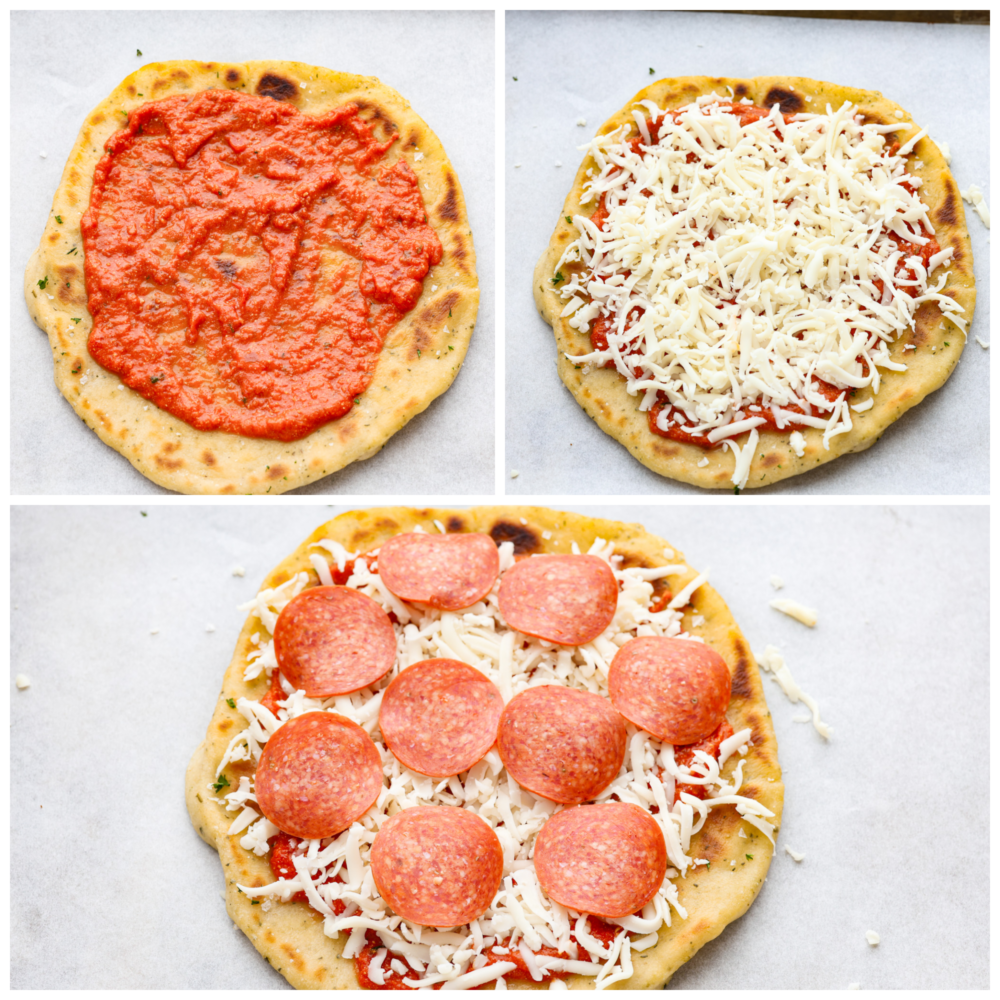 Flatbread pizza is a simple and delicious recipe that is easier to make than regular pizza. With a thin and chewy flatbread crust that is topped with your favorite pizza toppings, it's even better than takeout and always a hit! Process photos showing how to add all the ingredients together.