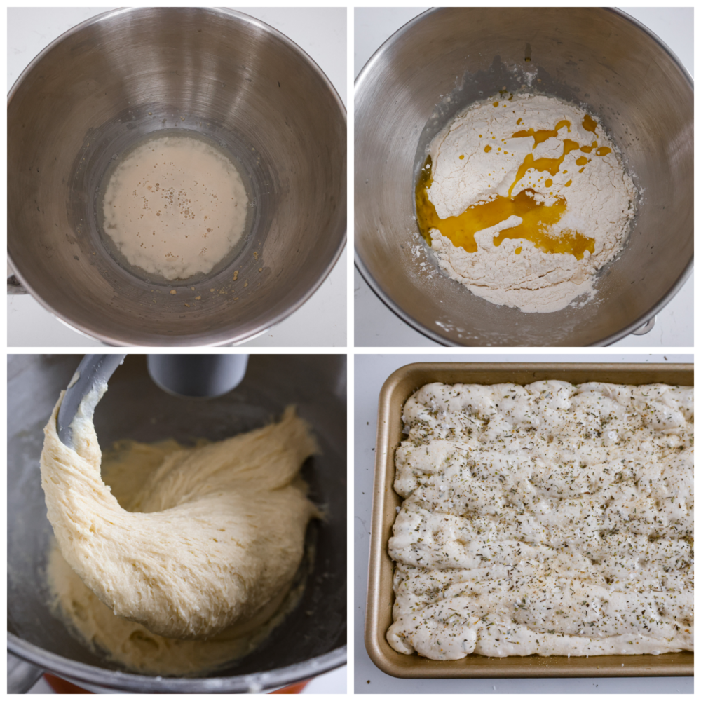 This Focaccia Bread recipe is easier than you think! Made with just a few ingredients and brushed with olive oil and Italian herbs, it's the perfect complement to any meal! Process photos showing how to make the dough and put it in the pan.