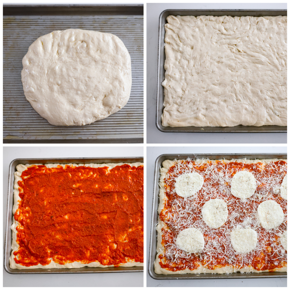 As if focaccia bread wasnโt good enough, now you can level it up with your favorite pizza toppings! Focaccia pizza is cheesy and flavorful, all on top of the most soft and dreamy crust! 4-photo collage of pizza being prepared.