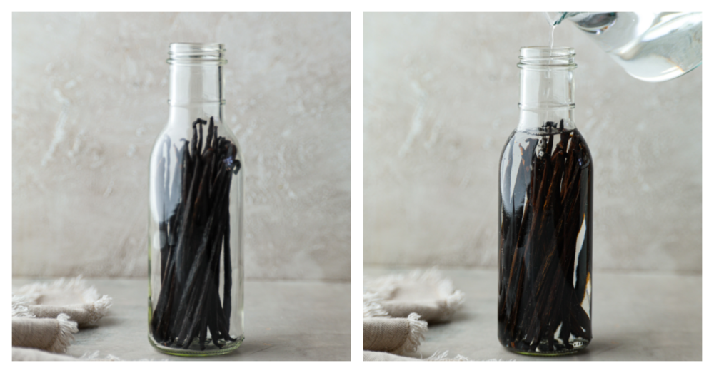 Making your own homemade blend of vanilla extract is quick and easy. Trust me, it will take all of your recipes to the next level! Plus, it only takes 2 simple ingredients to whip up! 2-photo collage of vanilla extract being prepared.