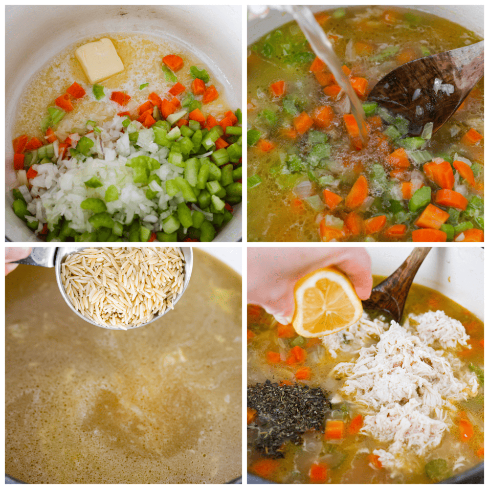 If you want a bright, light and filling dinner, then this lemon chicken orzo soup is for you! A savory and vibrant lemon chicken broth combined with orzo pasta is the perfect pair for a flavorful and delicious soup that is as satisfying as it is tasty. Process photos showing how to make the mirepoix, adding the broth, the orzo, and finishing with lemon juice.