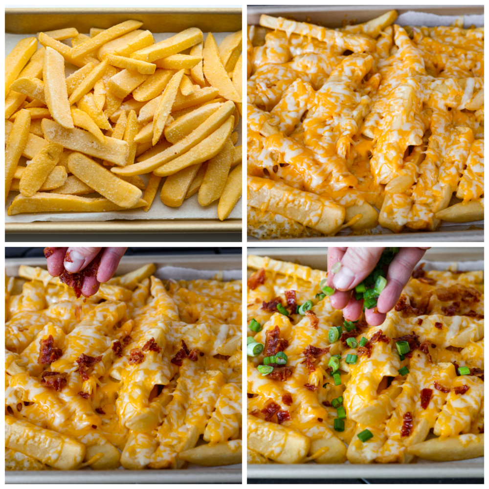 For your next cheat day, look no further than these loaded fries with all the fixin's: melty colby jack cheese, crispy bacon, tangy green onions, and a little kick of jalapenos! They're so good, you might just forget you're actually eating a vegetable (potatoes totally count, right?). 4-photo collage of toppings being added to fries.