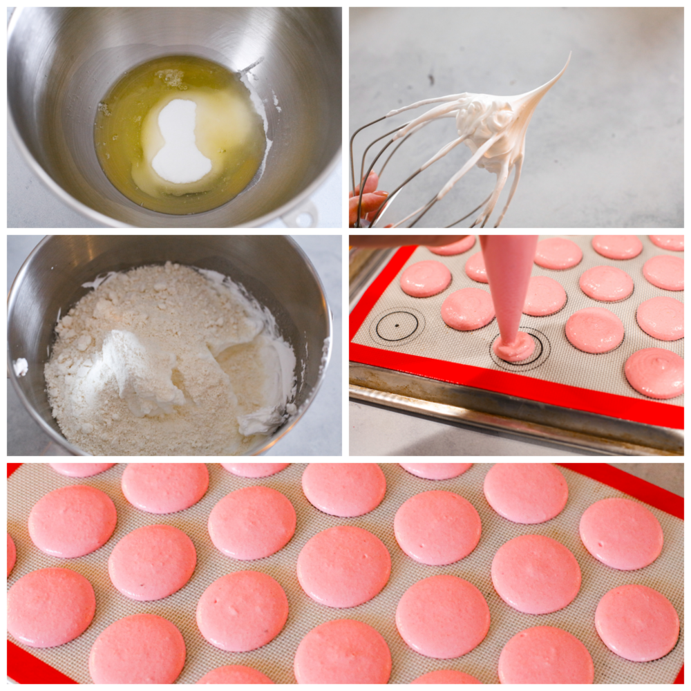 This French macaron cookie recipe makes the perfect macaron every time! I share all of my tips and tricks to get the perfect feet on your macaron, and a delicate and airy cookie with a shiny smooth shell. You are going to love making these fun and elegant cookies at home! Showing the process of making a meringue and adding the dry ingredients and piping out the cookies.