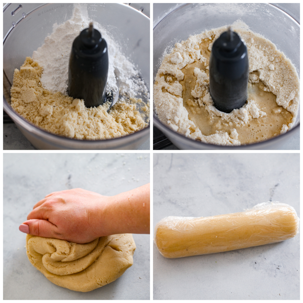 This Easy Homemade Marzipan will take your baking to the next level! It's a quick and simple recipe that will bring delicious almond flavor to your cakes and cookies. It's also easily colored and shaped into fun decorations! Process photos showing the ingredients added to the food processor, then kneading the dough and shaping into a log.