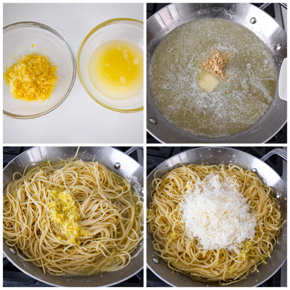Pasta al limone is a really simple and classic Italian dish of long noodles and a parmesan and lemon topping. It is covered in melted butter and tangy lemon, and is the perfect thing to cook for dinner when you don't know what to make! Process photos showing how to make the sauce and cook the pasta.