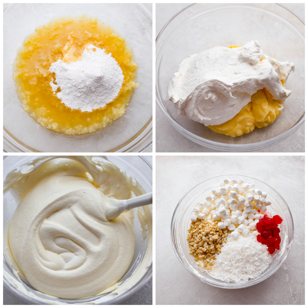 Get ready for this Pineapple Fluff to become your most requested recipe for potlucks! Similar to orange fluff, it's a delicious blend of pineapple chunks, coconut cream, marshmallows, and coconut flakes. It's seriously addicting and so easy to make! Process photos showing how to make the fruit salad.