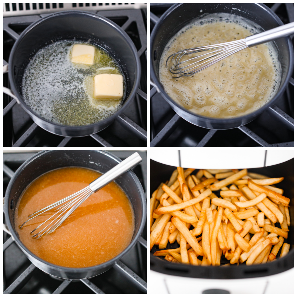 Poutine is a famous Canadian dish that you are going to love making at home! Delicious crispy fries topped with savory gravy and cheese curds are exactly what every party needs. You can serve them as an appetizer or side for any occasion! Process photos showing how to make a roux, the gravy, and the french fries.