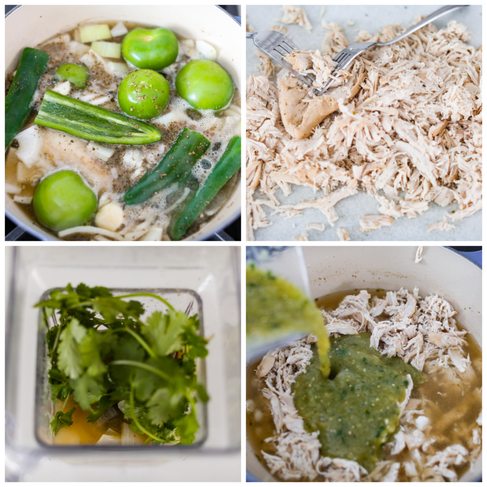 Pozole verde is a flavorful Mexican soup with fresh verde and shredded chicken. It is topped with ingredients like shredded cabbage, radishes, and lime for a bright, fresh, and flavor packed dish. It is the perfect soup for any occasion! Process photos showing how to make the verde, shred the chicken, and add it all to the bowl.