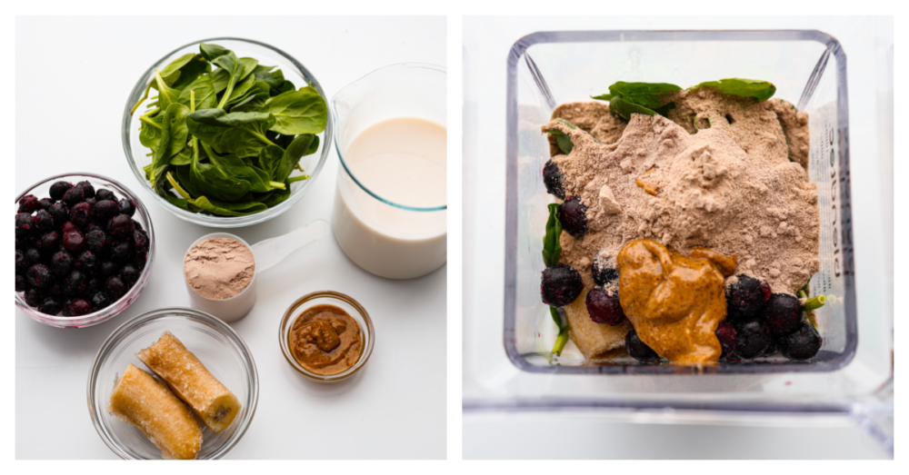 A protein smoothie is easy to digest and full of nutrients to keep your body happy until lunch. Not to mention it's absolutely delicious! Try out this recipe and you'll be hooked. Process photos showing all of the ingredients put into the blender.