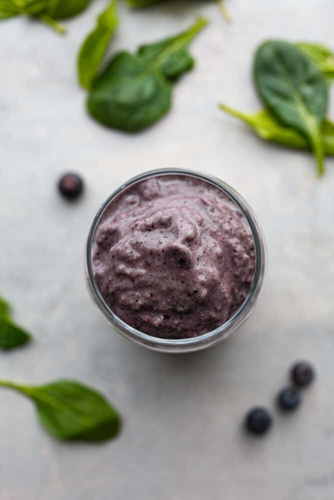 A protein smoothie is easy to digest and full of nutrients to keep your body happy until lunch. Not to mention it's absolutely delicious! Try out this recipe and you'll be hooked. A blueberry protein smoothie.