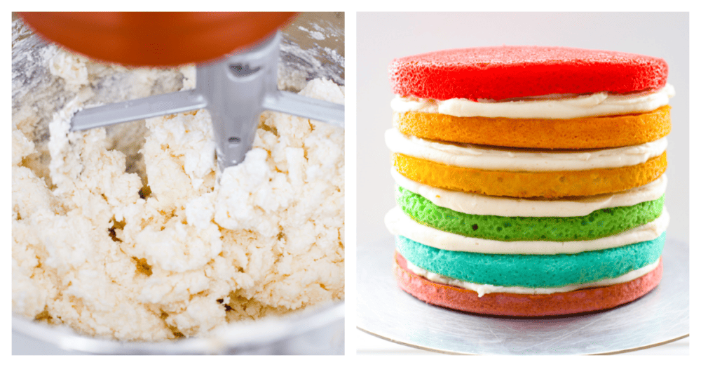 This gorgeous rainbow cake is the best way to add a splash of color to any special occasion! Not only is this cake beautiful to look at, but itโs extra moist and topped with luscious homemade buttercream. Itโs the perfect dessert for birthdays, Saint Patrickโs Day, and more! 2-photo collage of buttercream being made and frosted in between each cake layer.