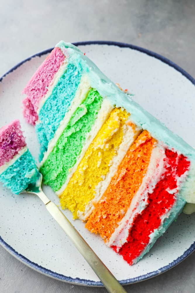 This gorgeous rainbow cake is the best way to add a splash of color to any special occasion! Not only is this cake beautiful to look at, but itโs extra moist and topped with luscious homemade buttercream. Itโs the perfect dessert for birthdays, Saint Patrickโs Day, and more! A slice of rainbow cake on a blue and white plate.