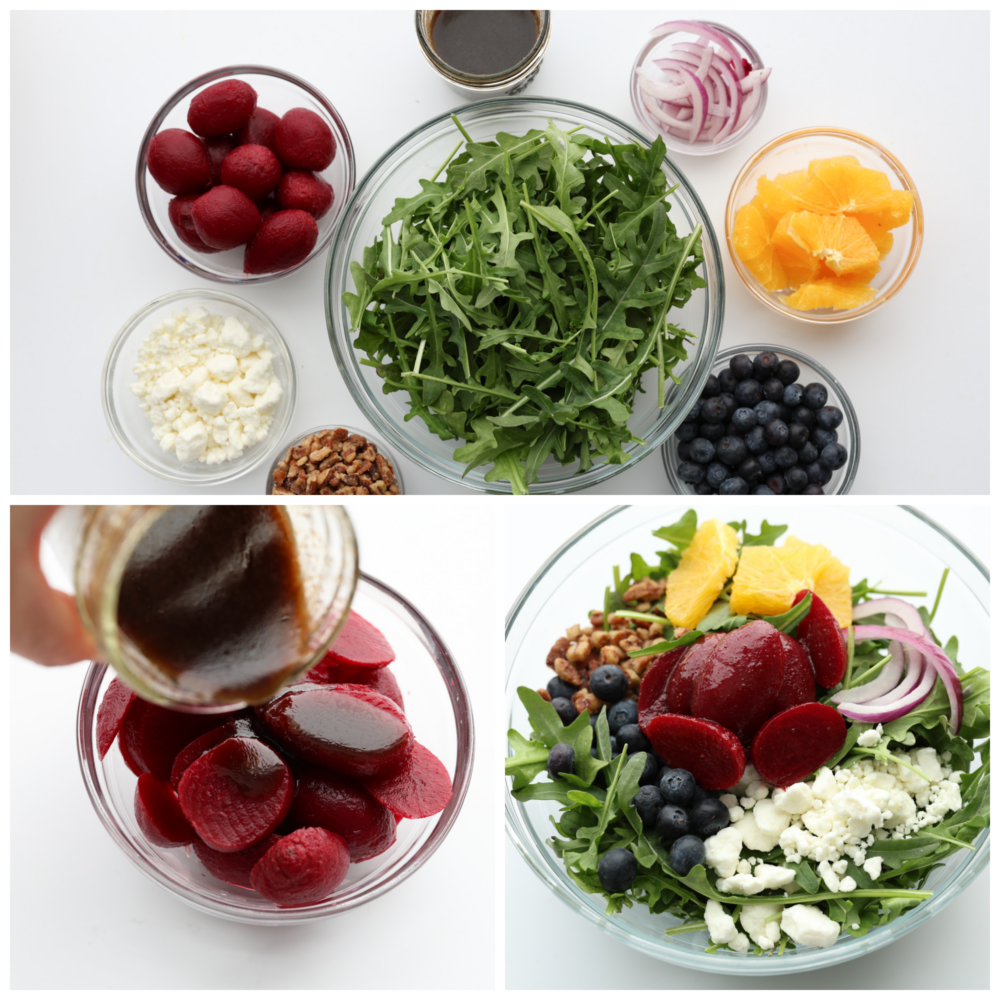 This roasted beet salad will have you singing the praises of this root veggie and begging for seconds! It's tossed with fruit, nuts, and crumbled cheese all coated in a delicious homemade balsamic vinaigrette. A light lunch that's both healthy and delicious! Greens, oranges, onions, blueberries, cheese, nuts, and roasted beets all being added to a glass bowl and then mixed together.