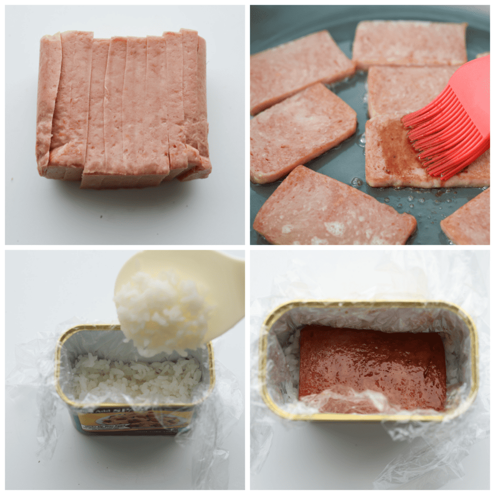 Spam musubi is a classic Hawaiian snack or on-the-go lunch, made with a slice of seared spam on top of rice, all wrapped in crispy seaweed! It has a delicious soy sauce glaze that makes each bite extra flavorful. 4-photo collage of spam being prepared.