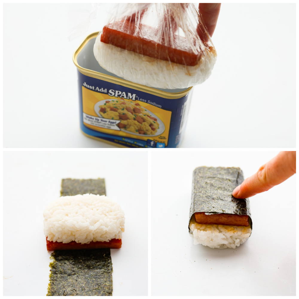 Spam musubi is a classic Hawaiian snack or on-the-go lunch, made with a slice of seared spam on top of rice, all wrapped in crispy seaweed! It has a delicious soy sauce glaze that makes each bite extra flavorful. 3-photo collage of the snack being assembled.