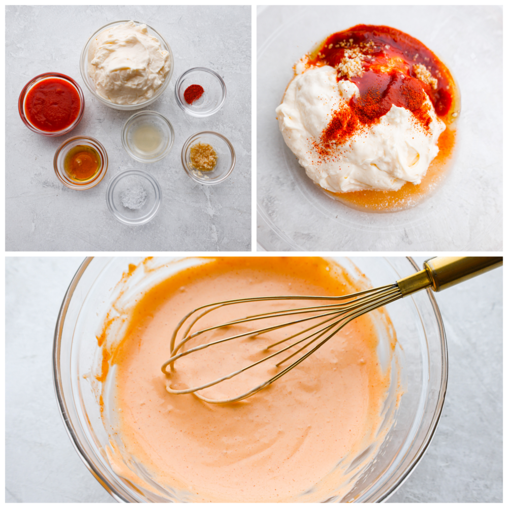 Sriracha mayo is the condiment youโre going to want to put on everything! Itโs creamy and savory, with spice that packs a punch! 3-photo collage of sauce ingredients being mixed together.