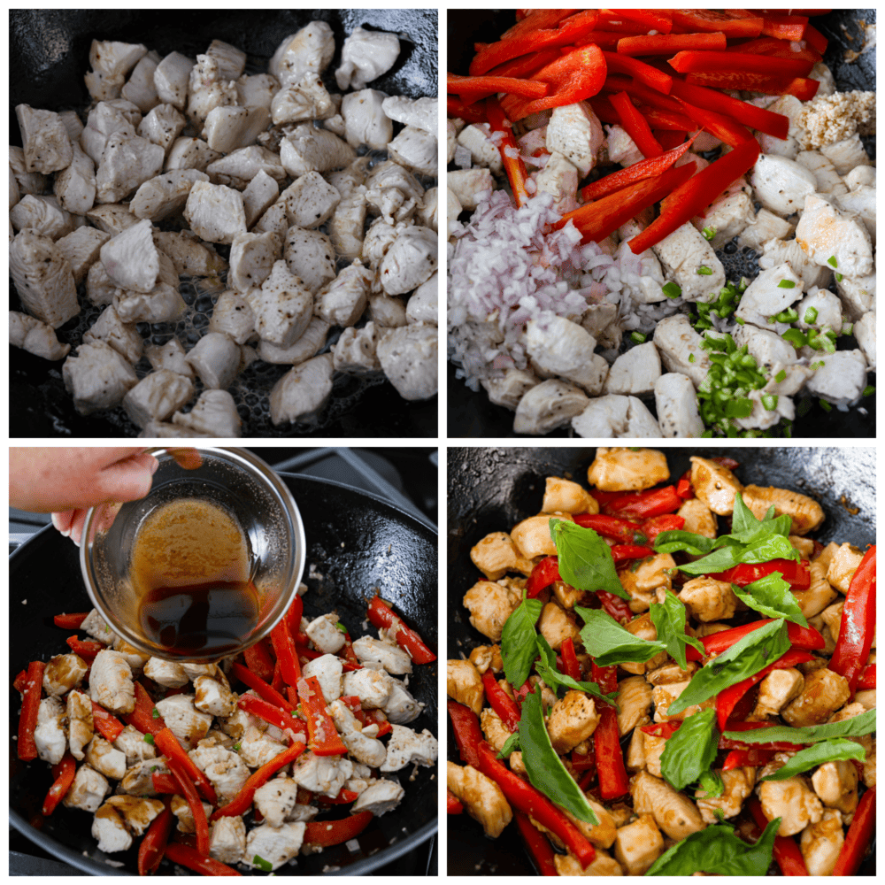 Thai Basil Chicken is a quick and easy chicken dinner that is bursting with fresh flavors. Bell peppers, fresh basil, and a unique blend of sauces make this chicken so crave-able! Process photos showing how to cook the ingredients in a wok.