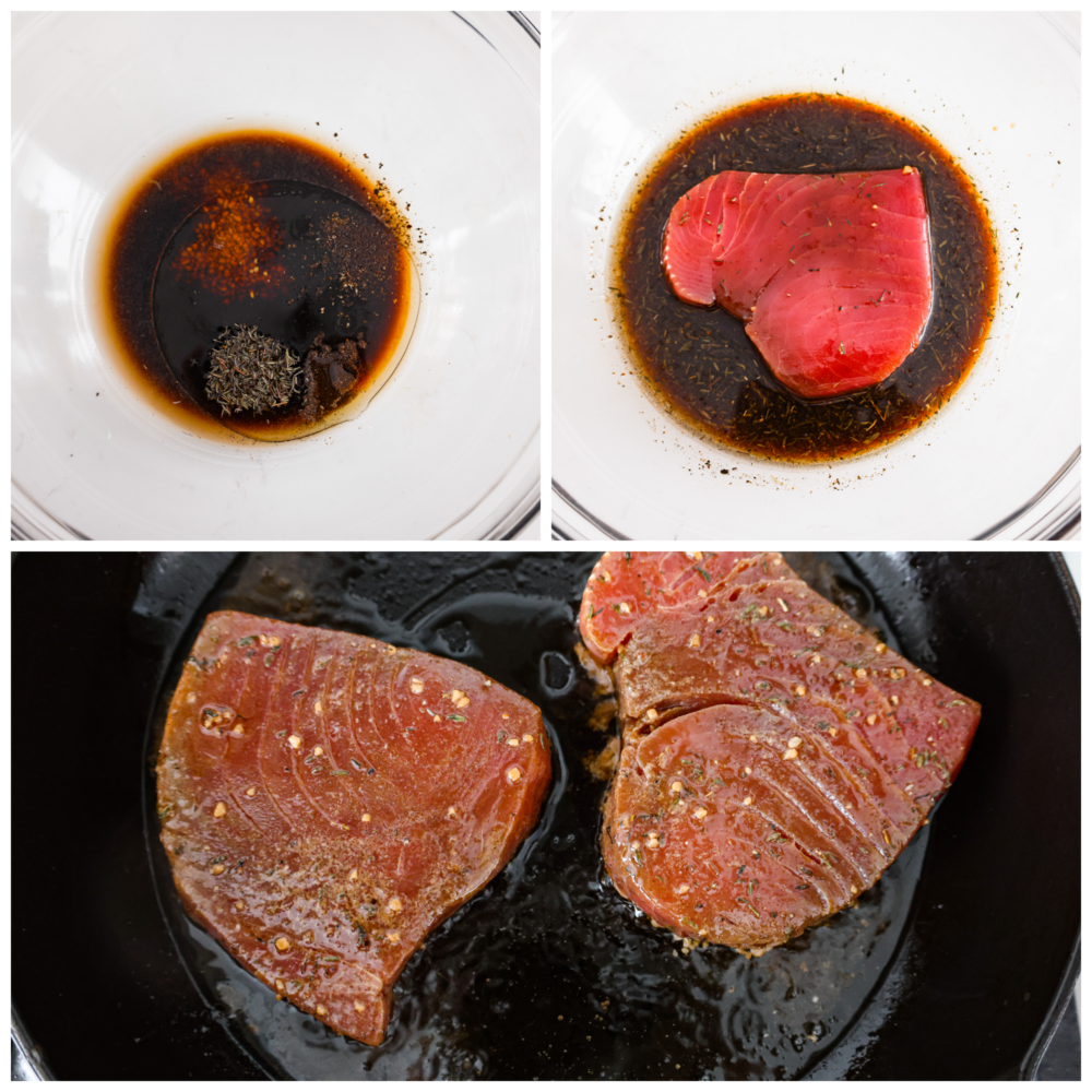 There's no reason to save Tuna Steaks for eating out, make them yourself for a gourmet restaurant experience in the comfort of your home. Not only are they full of healthy nutrients, they are delicious and a real treat any day of the week. Process photos showing how to make the marinade and cook the tuna.