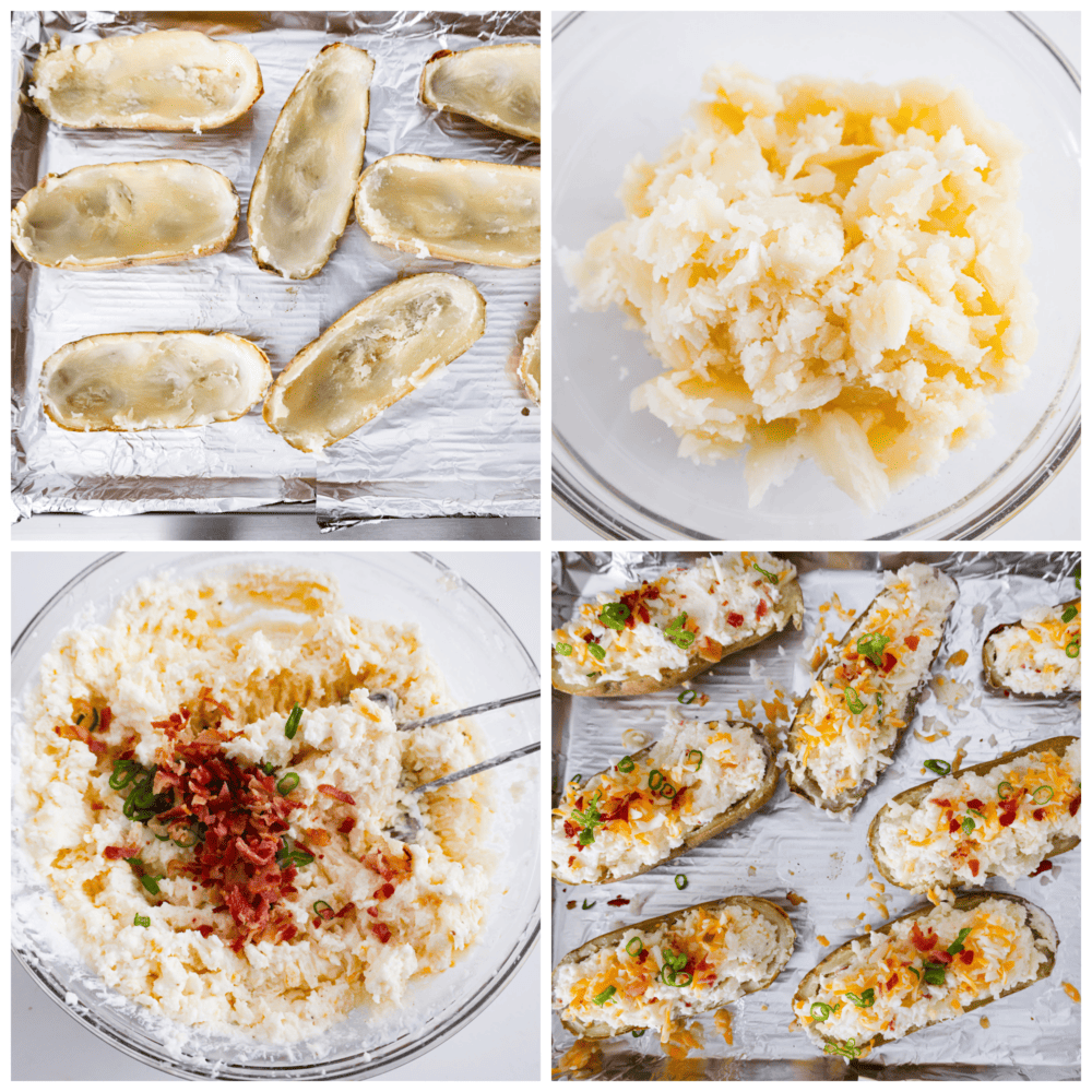 What's better than a regular baked potato? A twice baked potato, of course! They are the ultimate comfort food - creamy, savory, and packed with cheesy goodness. Whether you're cooking for one or for a crowd, these spuds are easy to make and impossible to resist. 4-photo collage of potatoes and filling being prepared.