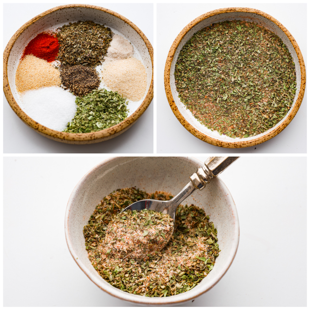 A fresh and homemade vegetable seasoning is just what your pantry needs! Homemade seasonings are so much more flavorful than store-bought versions and have no preservatives. Take 5 minutes to make this blend for all of your cooked veggies. Process photos showing all of the ingredients separately, and then blended together.