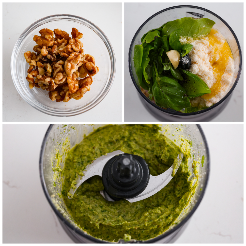 Move over, traditional basil pesto, there's a new nut in town! Walnut pesto is the perfect combination of earthy, nutty goodness with just the right amount of zing. You won't want it any other way. Spread it on chicken, toss it with pasta, or even eat it by the spoonful- no judgement here! 3-photo collage of ingredients being blended together.
