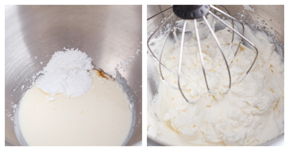 Stop running to the store for Cool Whip, this homemade Whipped Cream is so much better! It's real fresh cream without added preservatives or flavors, and it makes the perfect topping for your cakes, cobblers, and sundaes. Process photos showing the ingredients and then them all whipped together.