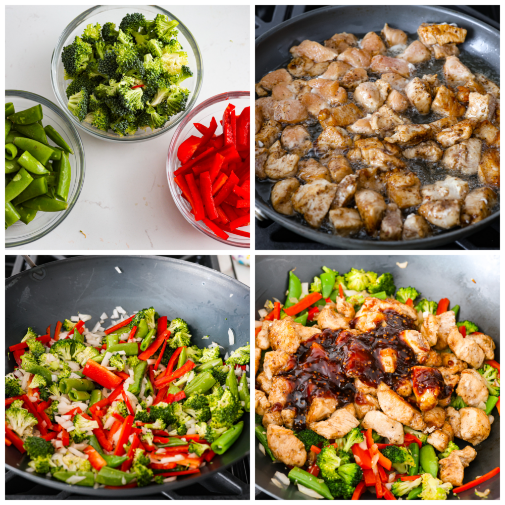Szechuan chicken is all about bold flavors, with the perfect balance of heat, sweetness, and tanginess. And the best part? It's way better than the takeout version! Let's fire up those taste buds and get cooking! 4-photo collage of chicken and veggies being stir-fried.
