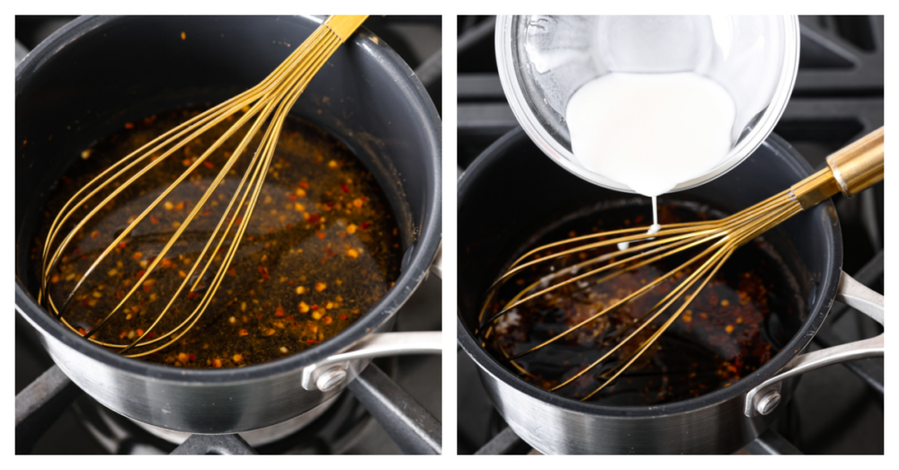 Once you taste homemade Szechuan sauce, you'll be wondering how you ever survived without it. It's so easy to mix up and doubles as both a dip and a marinade! It will take all of your Chinese-inspired dishes to the next level and have your family licking their plates. 2-photo collage of sauce being mixed together over the stove.