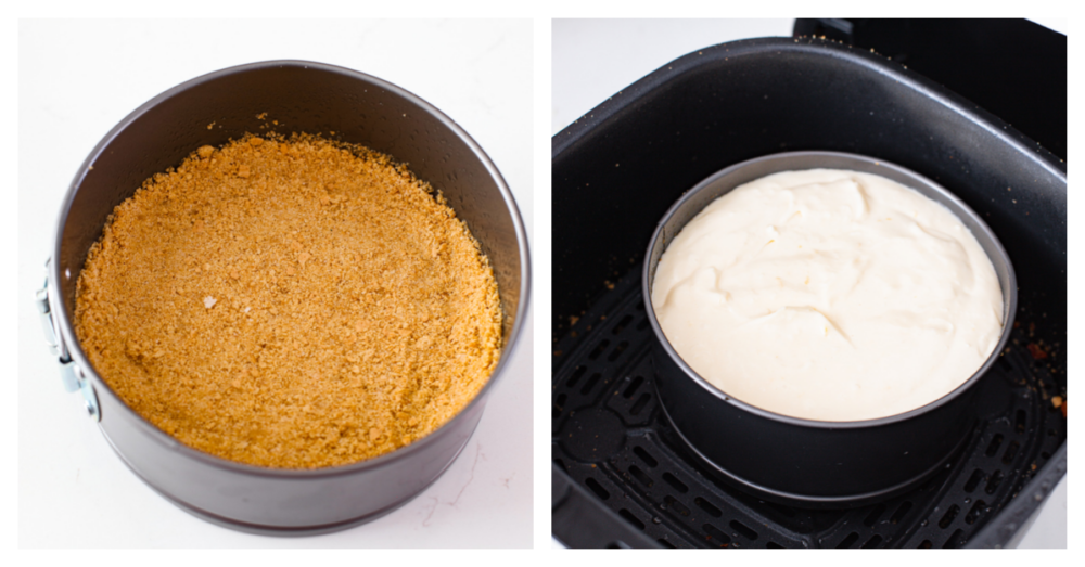 Get ready to indulge in the tastiest and easiest cheesecake you'll ever make! My air fryer never fails to impress- this amazing dessert is another great recipe to add to the list! When you're craving something sweet, air fryer cheesecake requires minimal effort and time, and is a great way to impress your guests or treat yourself to something special. 2-photo collage of crust and filling being prepared.