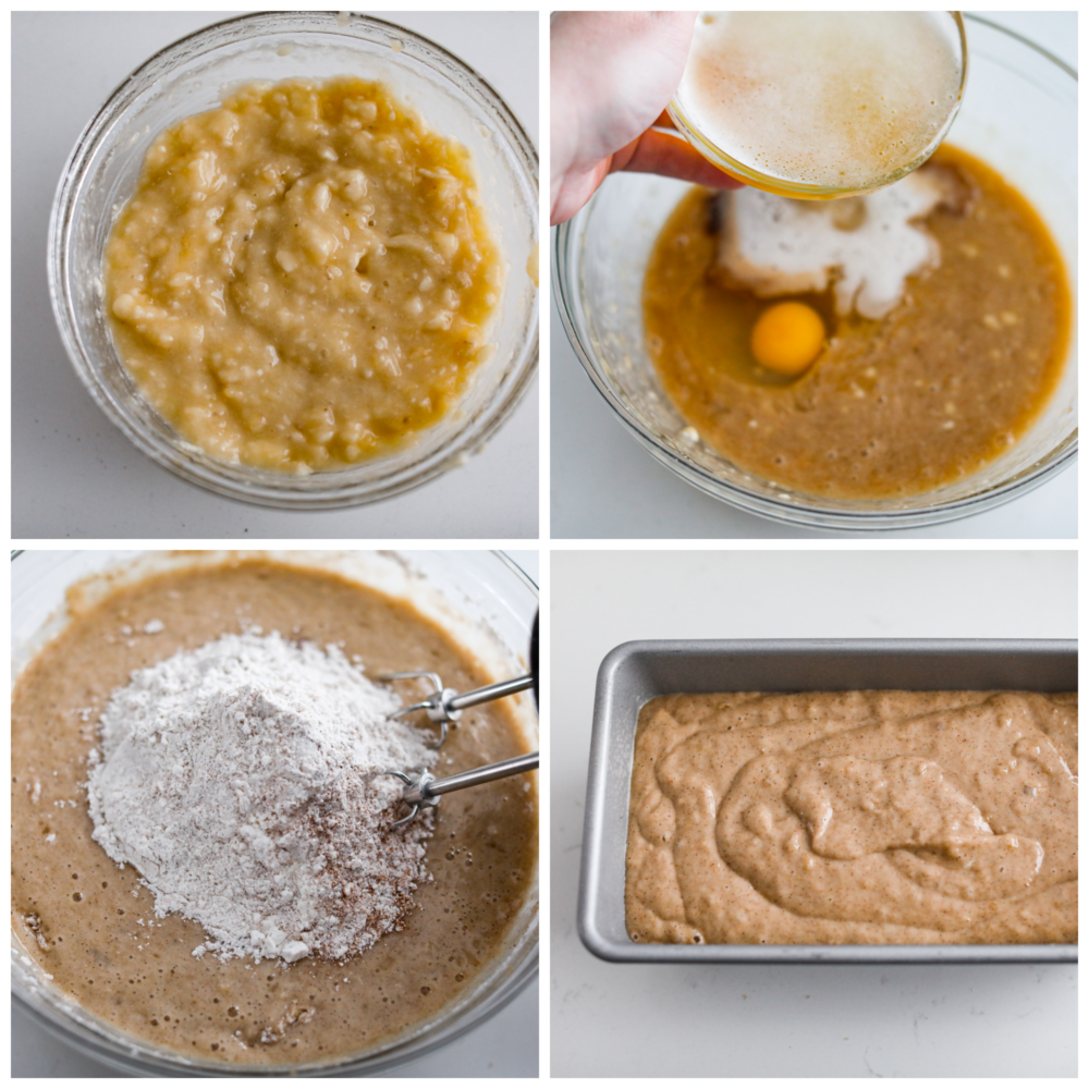 Have you ever tried adding some bubbly goodness to your favorite fruit bread? Well, if you haven't, you're missing out on an amazing treat! This banana beer bread is moist, slightly sweet, with a subtle beer taste that adds a fun twist to the classic banana bread recipe, and the best part? It's super easy to make! Collage of the batter being mixed together and added to a loaf pan.