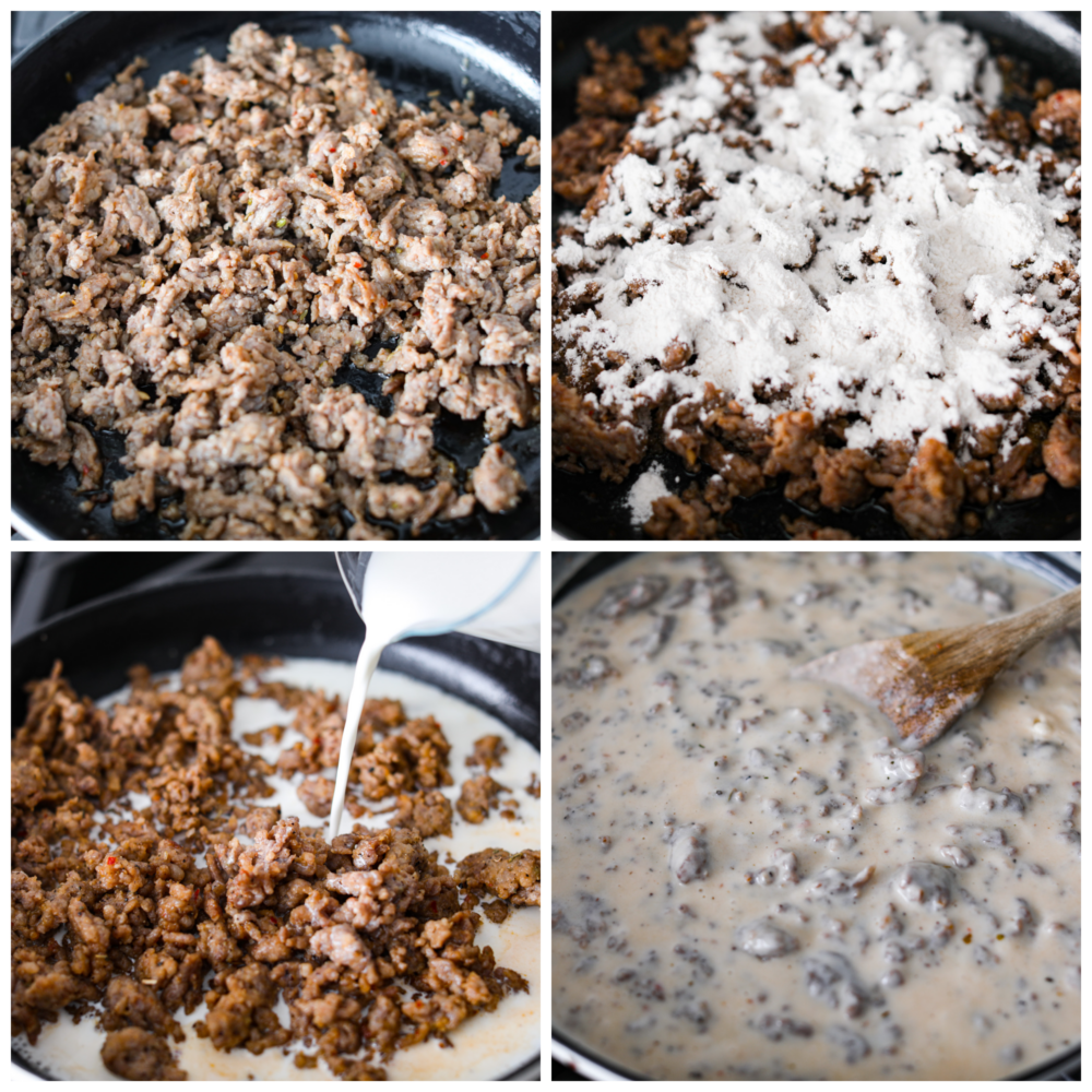 Biscuits and Gravy is the ultimate comfort food dish! Tender and flaky homemade biscuits are topped with creamy sausage gravy. This is such a simple recipe that is full of rich and nostalgic flavors, you've got to try it! Process photos showing how to brown the meat and add the rest of the ingredients.