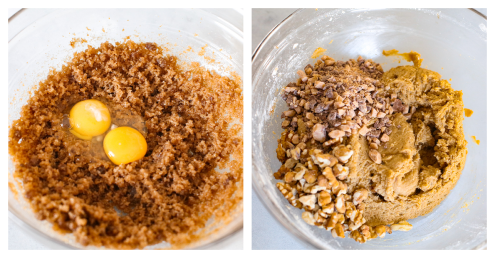 These chewy brown butter blondies are enhanced with the rich flavor of browned butter and loaded with (optional) nuts and candy pieces. Don't worry if you've never browned butter before, it's easy and I'll walk you through the steps below! Process photos showing the ingredients being combined in the bowl.